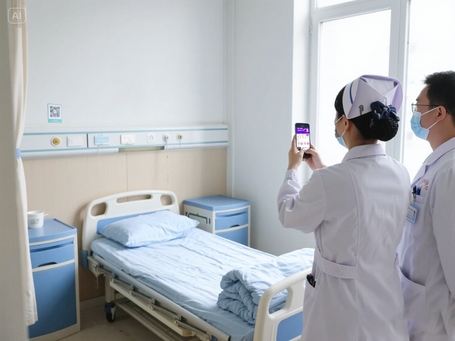 jimeng-2025-05-20-814-病房?jī)?nèi)病床墻壁上有二維碼,醫(yī)護(hù)人員在病房?jī)?nèi)手持手機(jī),對(duì)著二維碼掃碼1.png